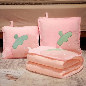 Multifunctional Travel Pillow Blanket Dual Use Soft Plush Cartoon Fruit Embroidered Folding Cushion Quilt For Office Car Nap