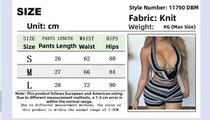 Detailed size chart for knit two-piece set featuring striped crop top and mini shorts