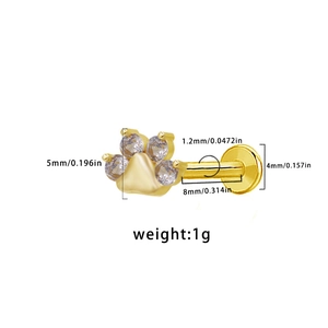 Detailed measurement diagram of gold cat paw labret stud with white zircon inlay