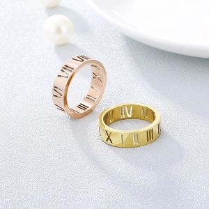 Titanium Roman numeral hollow rings in gold and rose gold on a minimalist textured surface