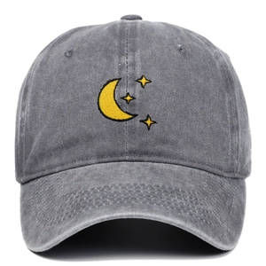 Dark grey washed cotton baseball cap with yellow moon and stars embroidery on front