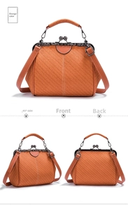 Detail views of orange woven doctor bag with vintage metal clasp and top handle