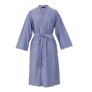 Blue-purple waffle weave bathrobe with kimono collar and waist tie for spa use