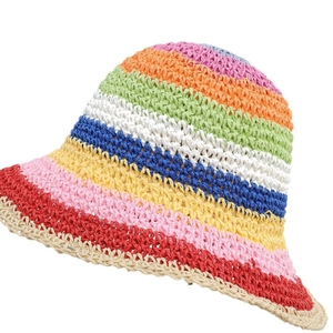 Rainbow striped woven straw sun hat for women with colorful crochet design for beach trips
