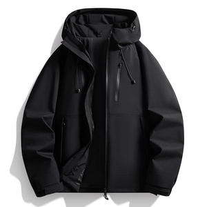 Obsidian black hooded waterproof functional jacket with adjustable drawstring and zip pockets