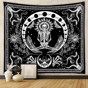 Detail view of gothic tapestry featuring meditation skeleton sun and moon moon phases