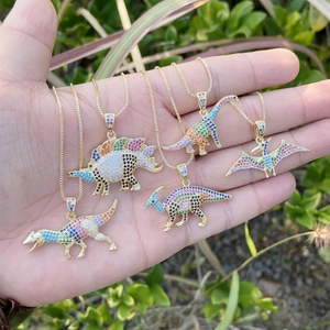 Dinosaur Pendant Necklace Copper Colorful Cubic Zirconia Hip Hop Fashion Jewelry Accessory Gift For Women Men