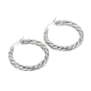 Silver twisted rope hoop earrings made of titanium steel in a minimalist fashion design