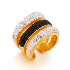 Adjustable Wide Multi Layer Ring Stainless Steel Pave Black White Cubic Zirconia Geometric Statement Band For Women