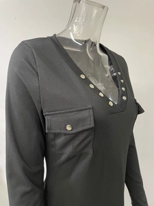 Détails de la maille côtelée et boutons métalliques sur la robe noire à col en V