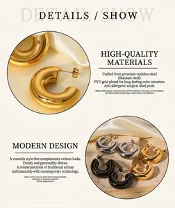 Detail view of 18K gold plated chunky hollow C-shaped earrings in gold silver and black