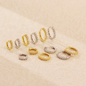 S925 sterling silver geometric hoop earrings with pave set stones in gold and silver