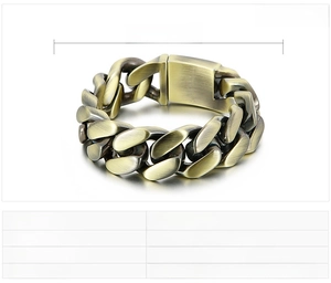 Macro view of a 21mm wide antique gold stainless steel Cuban chain bracelet for men