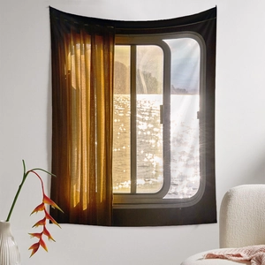 Detail showing high-quality polyester wall tapestry with sunset window scenery