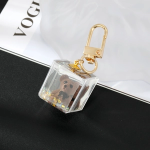 Detailed macro view of a brown teddy bear encased in a clear acrylic cube with gold sequins