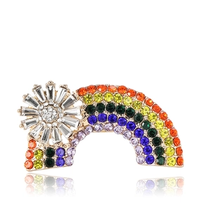 Creative rainbow and sun rhinestone brooch with colorful crystals on a gold base