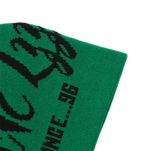 Detail of green knit beanie featuring black jacquard letters and thick stitch texture