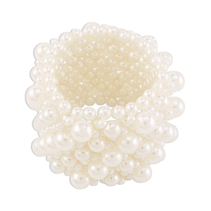 Elegant multi-layer elastic pearl strand wide cuff bracelet for women in creamy white
