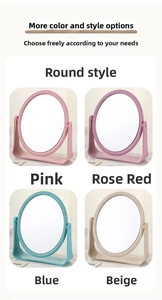Rotating desktop vanity mirrors shown in pink, rose red, blue, and beige color options