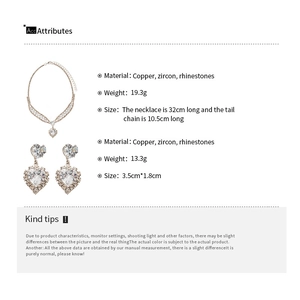 Detailed size specifications for zircon heart necklace set with copper material and weight