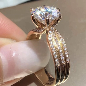 Classic six-prong rose gold ring with AAA zircon and triple row pavé settings