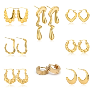Stainless Steel Gold Hoop Earrings Twisted Heart Bamboo Croissant Irregular Lava Chunky Geometric Jewelry For Women