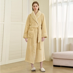 Thick light yellow coral fleece bathrobe with shawl collar and full-length design