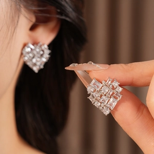 Luxury heart-shaped zircon earrings with emerald-cut stones and silver plating finish