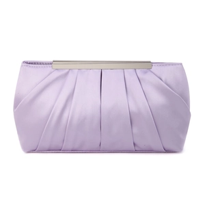 Detail of lavender pleated satin evening bag with silver metal frame and clasp closure