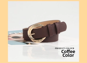Detail of coffee brown faux leather belt featuring a golden double ring metal buckle