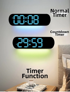 Detail view of wall-mounted LED digital timer clock with blue digits and breathing light