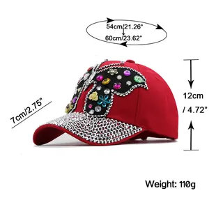 Tableau des tailles pour casquette denim avec papillon en strass et dimensions