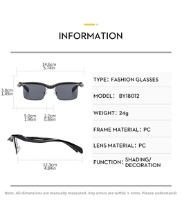 Detailliertes technisches Diagramm mit Abmessungen und Daten der quadratischen Sonnenbrille