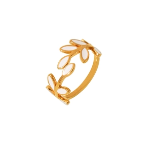 18k gold plated stainless steel olive branch ring with white enamel leaves