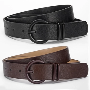 Women's minimalist PU leather belts in black and brown with round pin buckles