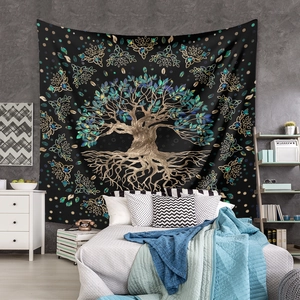 Tenture murale arbre de vie bohème avec mandala celtique doré sur tissu noir élégant