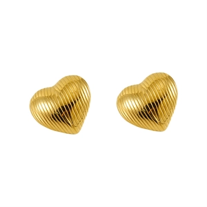 Minimalist gold heart stud earrings with vertical ribbed texture on white background