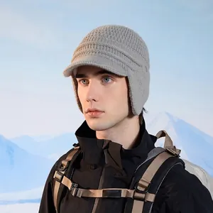 Winter Knit Hat For Men Fleece Lined Thick Warm Windproof Peaked Beanie With Ear Flaps Outdoor Cycling Cap Acrylic