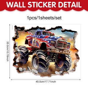 3D wall sticker featuring a monster truck with US flag design breaking through the wall