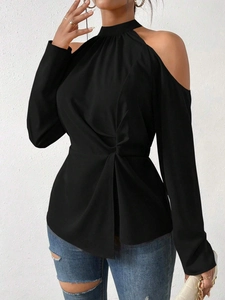 Elegant black off-shoulder long sleeve T-shirt with cutout neckline and twist waist detail