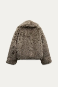 Rear view of faux fur jacket in taupe showing plush mink velvet texture and fibers