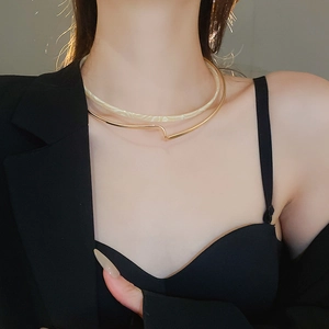 Close-up of minimalist resin and gold alloy double-layer collar necklace worn by a model