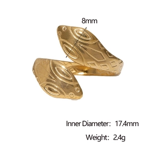 Macro shot of 18k gold plated snake ring showing 17.4mm diameter and detailed dimensions