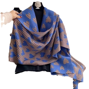 Double-sided blue and brown houndstooth scarf with heart patterns and knit texture
