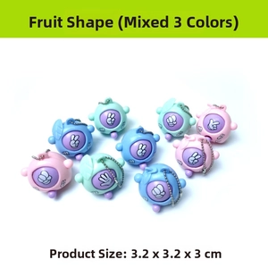Close-up of fruit-shaped rock-paper-scissors keychain toys with bead chains and dimensions