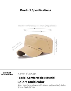 Detailed size chart for khaki flat top cotton cap featuring SPORT metal logo detail