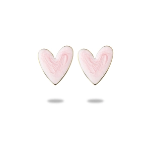 Pink heart-shaped enamel stud earrings with gold plating on a clean white background