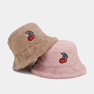 Cute plush bucket hat with cherry embroidery in khaki and pink for autumn winter style