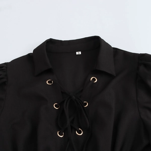 French style pleated black dress with puff sleeves and lace-up neck detail size S