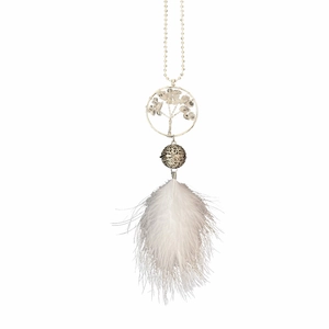 Silver Tree of Life car pendant with white feathers and crystal tree of life charm